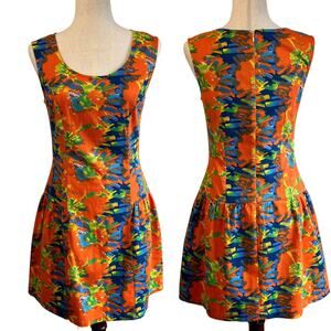 Cotton A-Line Sleeveless Dress Drop Waist Orange Blue Watercolor Size Small